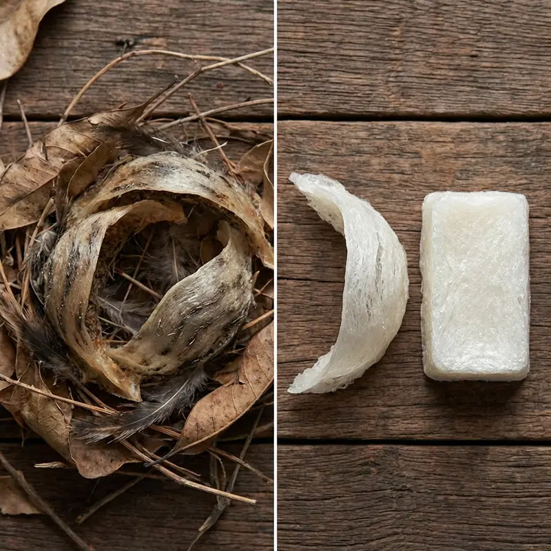 Quy trình sơ chế từ yến thô tạo ra yến rút lông khô và yến tinh chế với hình dáng khác biệt.