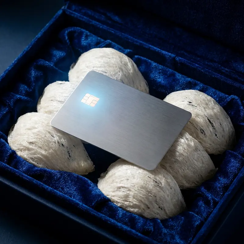 Thẻ thông minh kỹ thuật số được đặt tinh tế bên trong hộp quà yến sào cao cấp.