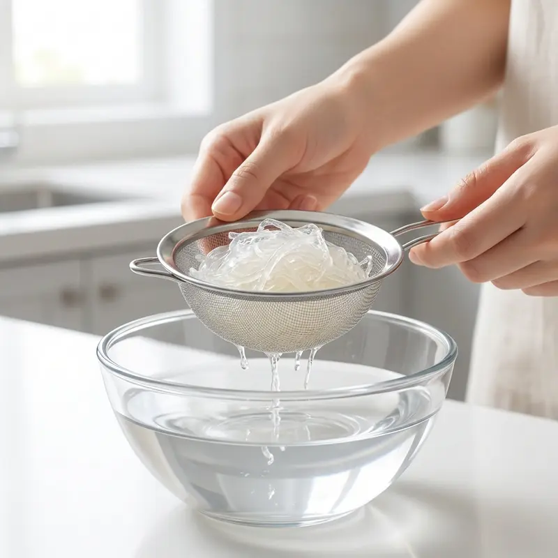 Ngâm nở và xé tơi tổ yến bằng nước tinh khiết trước khi chưng.
