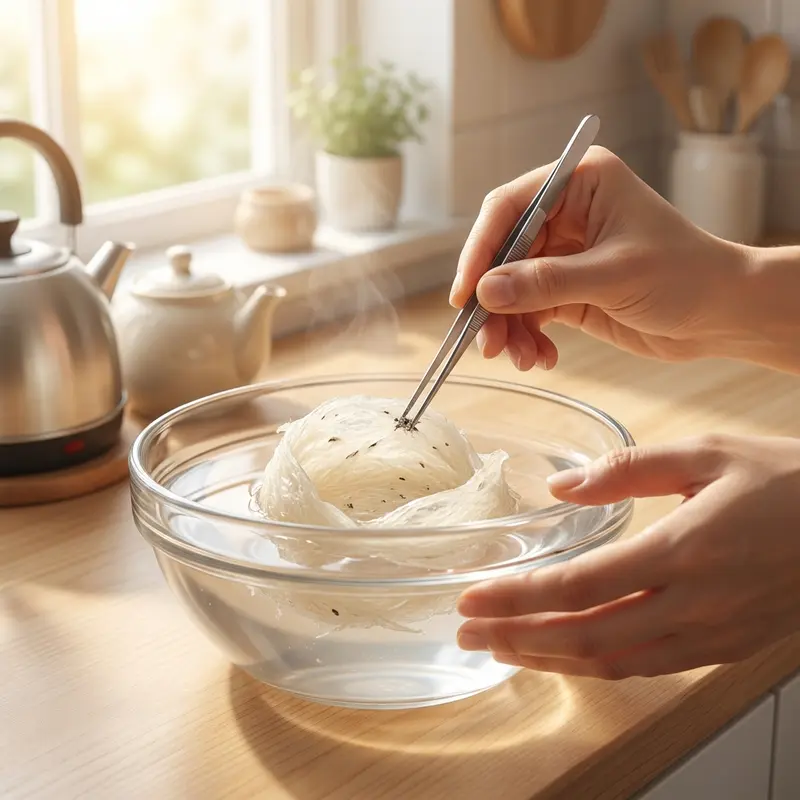 Sơ chế và ngâm nở yến sào trong nước lọc.