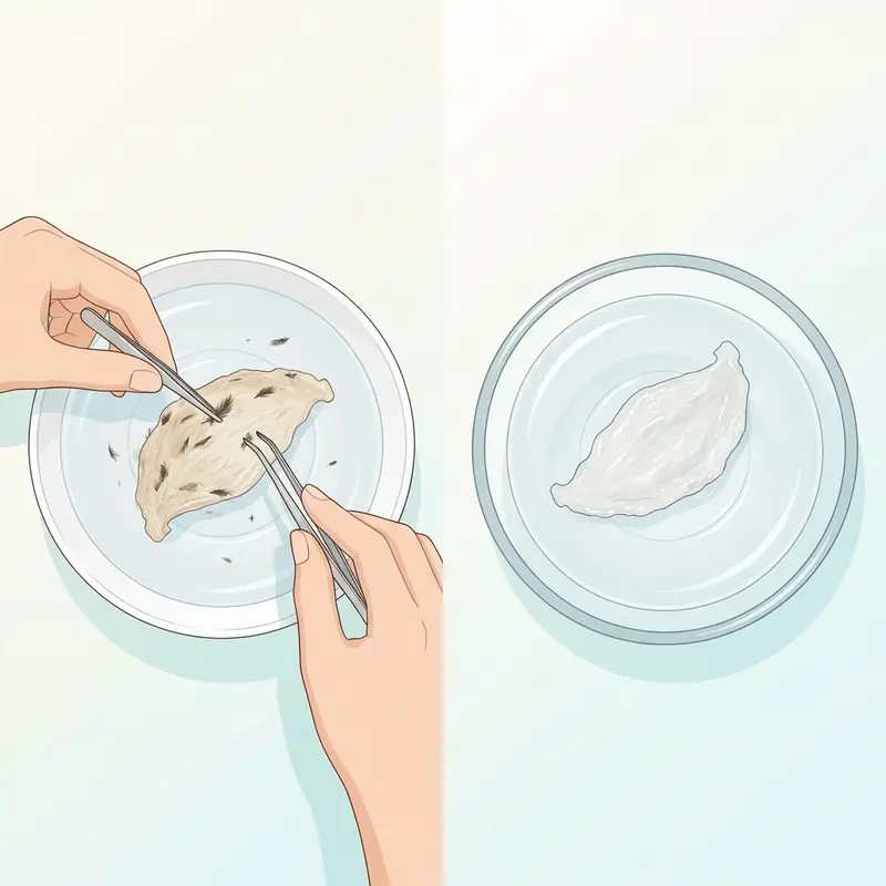 Quy trình sơ chế yến thô (trái) và yến tinh chế (phải) tại nhà.