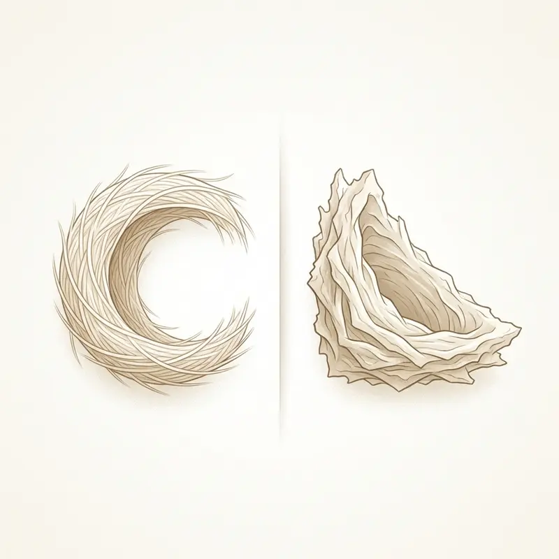 Sự khác biệt rõ rệt về hình dáng giữa tổ yến chữ C (trái) và yến góc (phải).