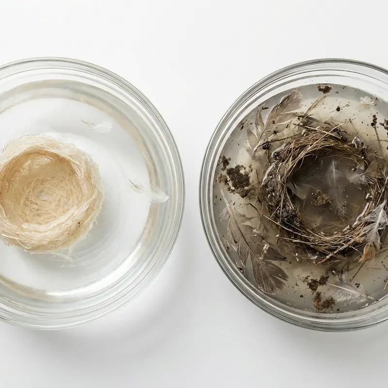 Sự khác biệt rõ rệt về độ sạch giữa yến nhà và yến đảo sau khi ngâm nước.