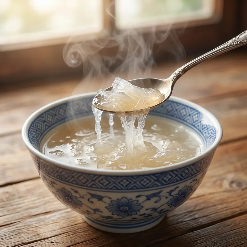 Sợi yến sào thật giữ được độ dai dẻo và trong suốt sau khi chưng nhiệt.