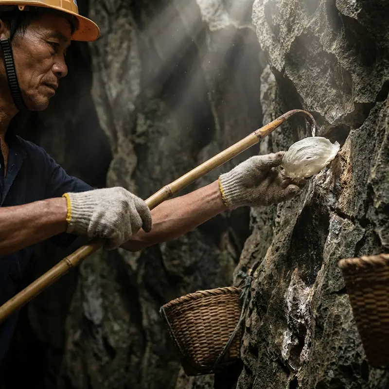 Người thợ cẩn trọng khai thác tổ yến trên vách đá cheo leo.