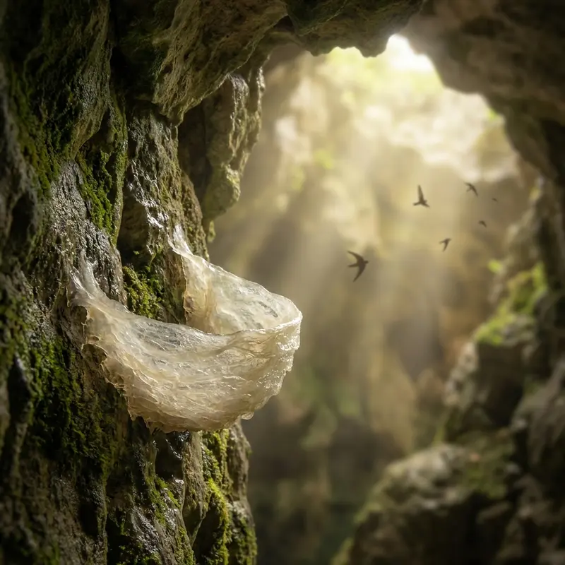 Tổ yến trên vách đá tự nhiên trong hang động.