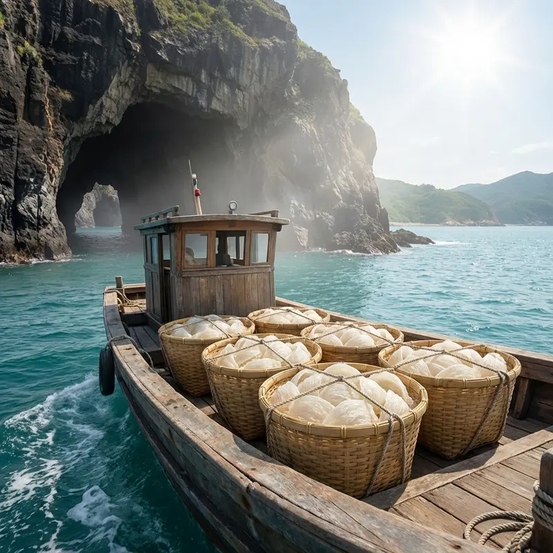 Tàu gỗ vận chuyển tổ yến sào về đất liền an toàn