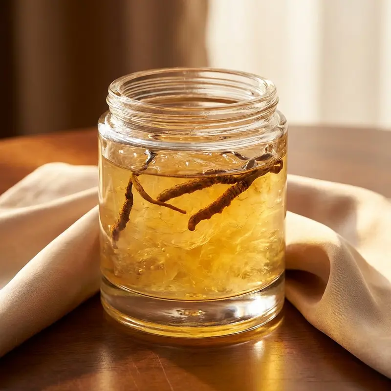 Yến hũ chưng đông trùng hạ thảo mang sắc vàng óng ả.